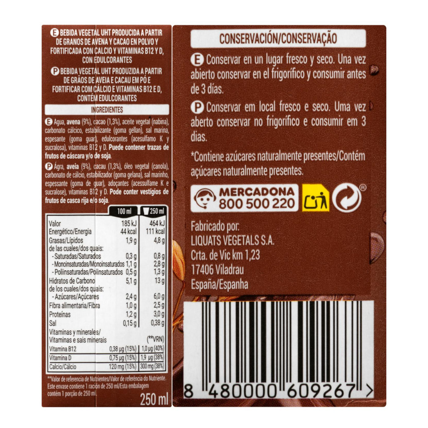 Csokoládé ízű zabital 3x250ml – hozzáadott cukor nélkül Hacendado