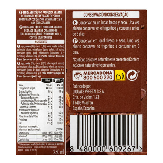 Csokoládé ízű zabital 3x250ml – hozzáadott cukor nélkül Hacendado