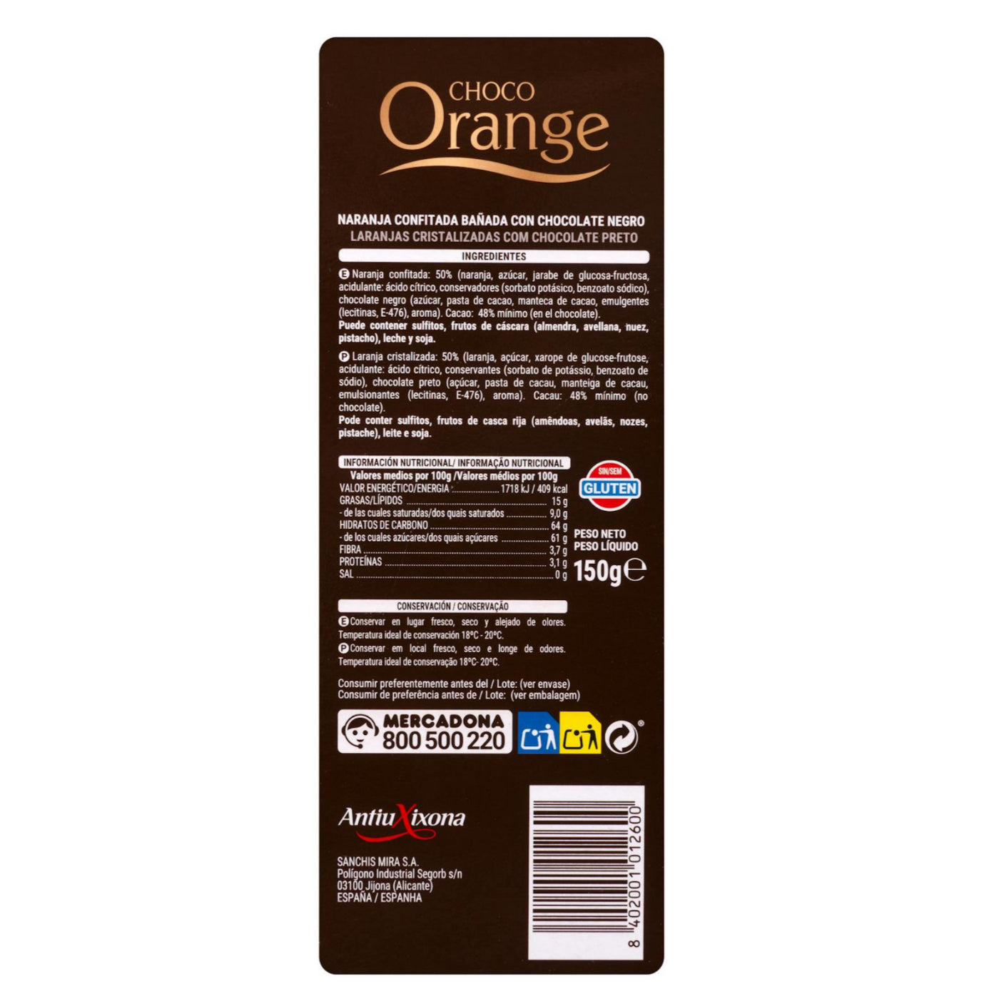 Étcsokoládéval bevont kandírozott narancs 150g Hacendado