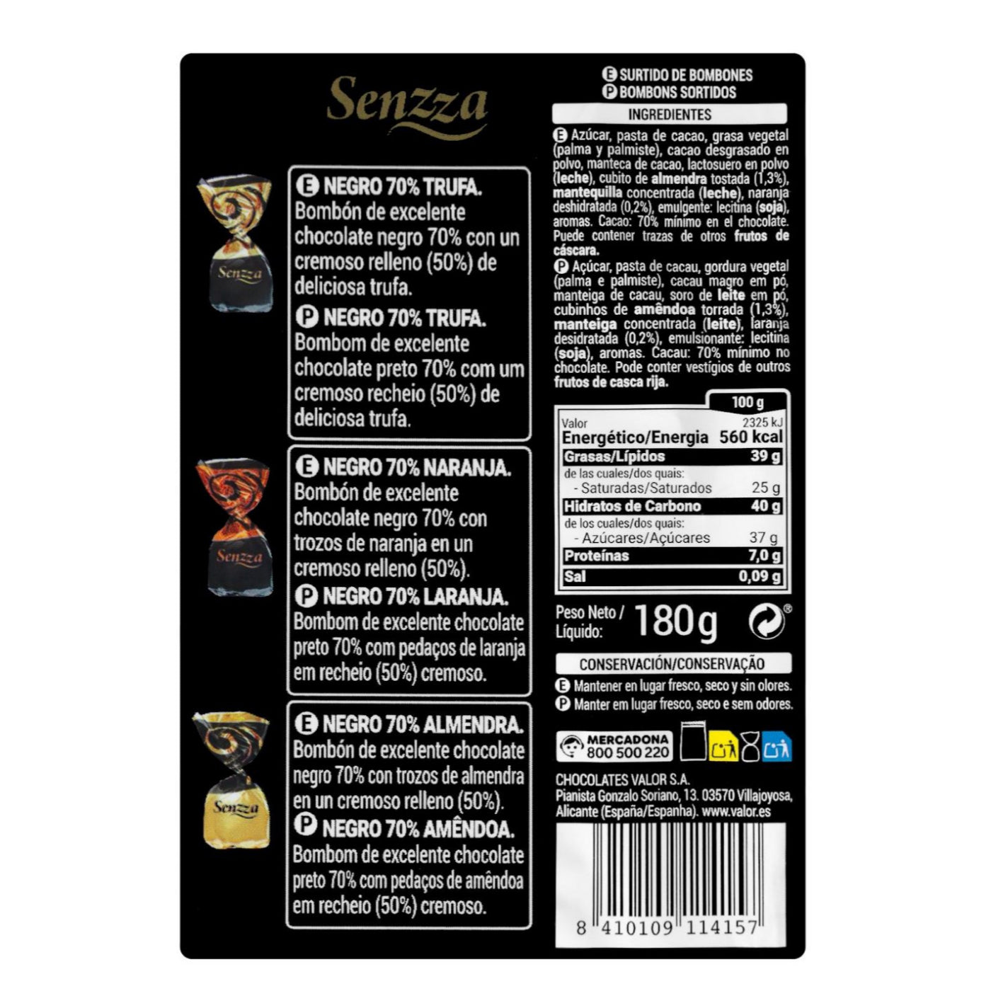 70%-os étcsokoládéból készült bonbon válogatás 180g Senzza