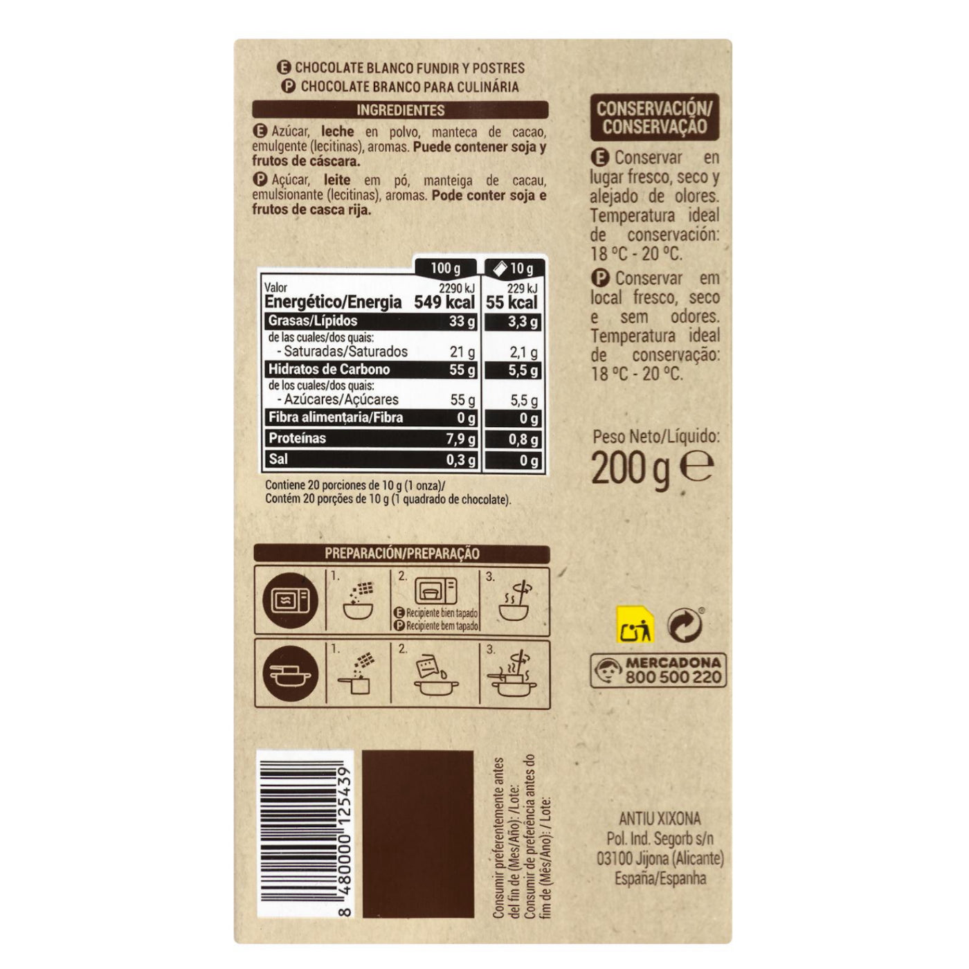 Sütéshez és olvasztáshoz fehércsokoládé 200g Hacendado