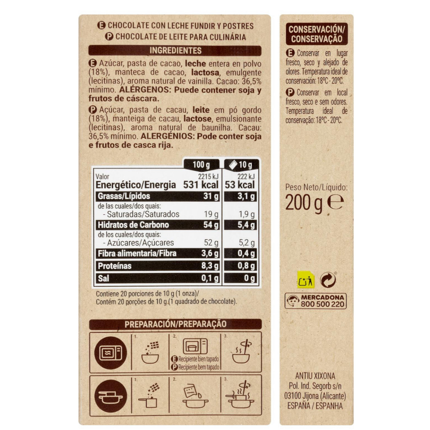 Sütéshez és olvasztáshoz tejcsokoládé 200g Hacendado