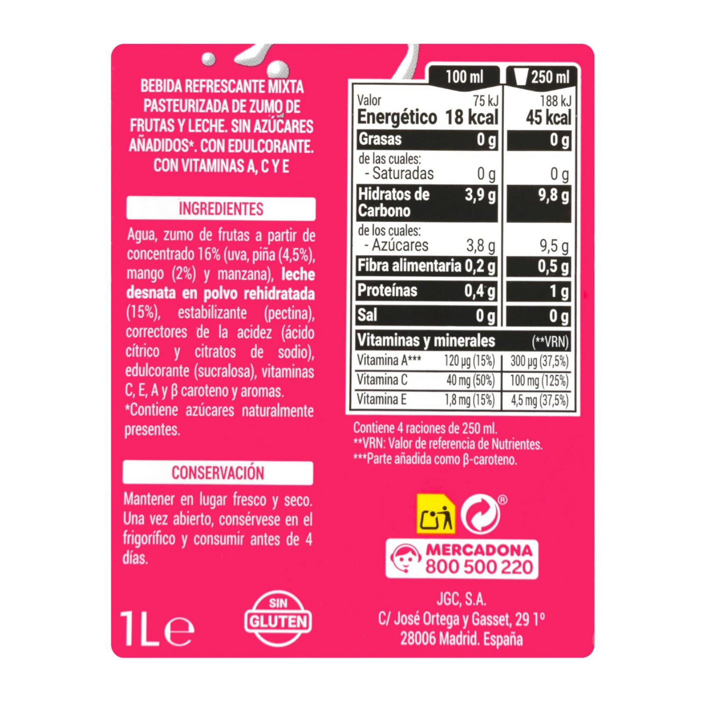 Trópusi gyümölcsös tejital 1L – hozzáadott cukor nélkül Hacendado