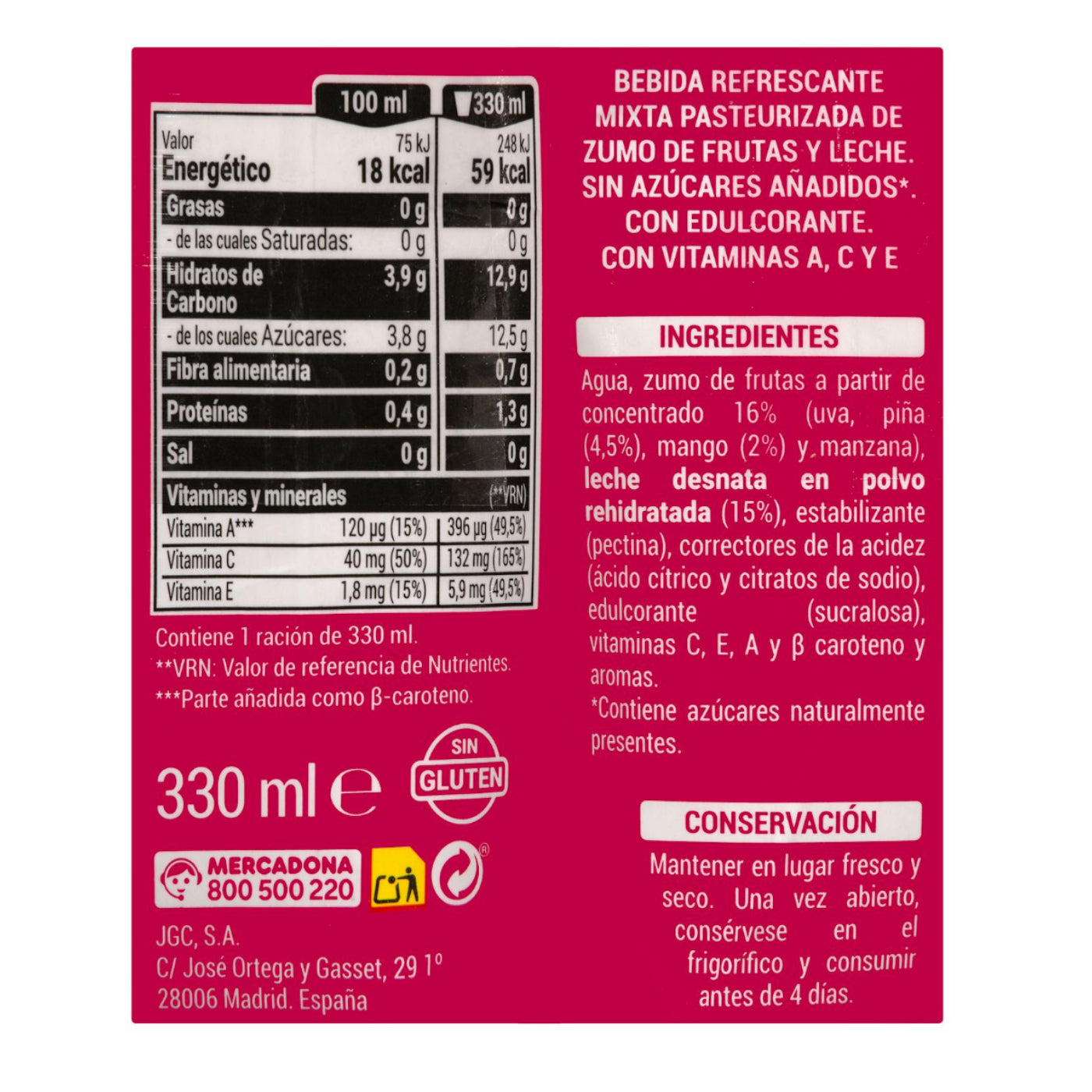 Trópusi gyümölcsös tejital 3x330ml – hozzáadott cukor nélkül Hacendado