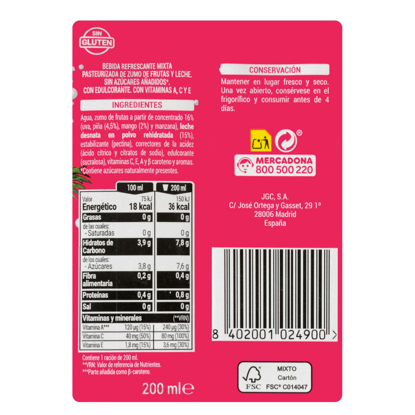 Trópusi gyümölcsös tejital 6x200ml – hozzáadott cukor nélkül Hacendado