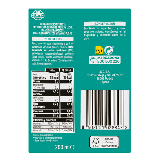 Ananászos-kókuszos gyümölcsös tejital 6x200ml – hozzáadott cukor nélkül Hacendado