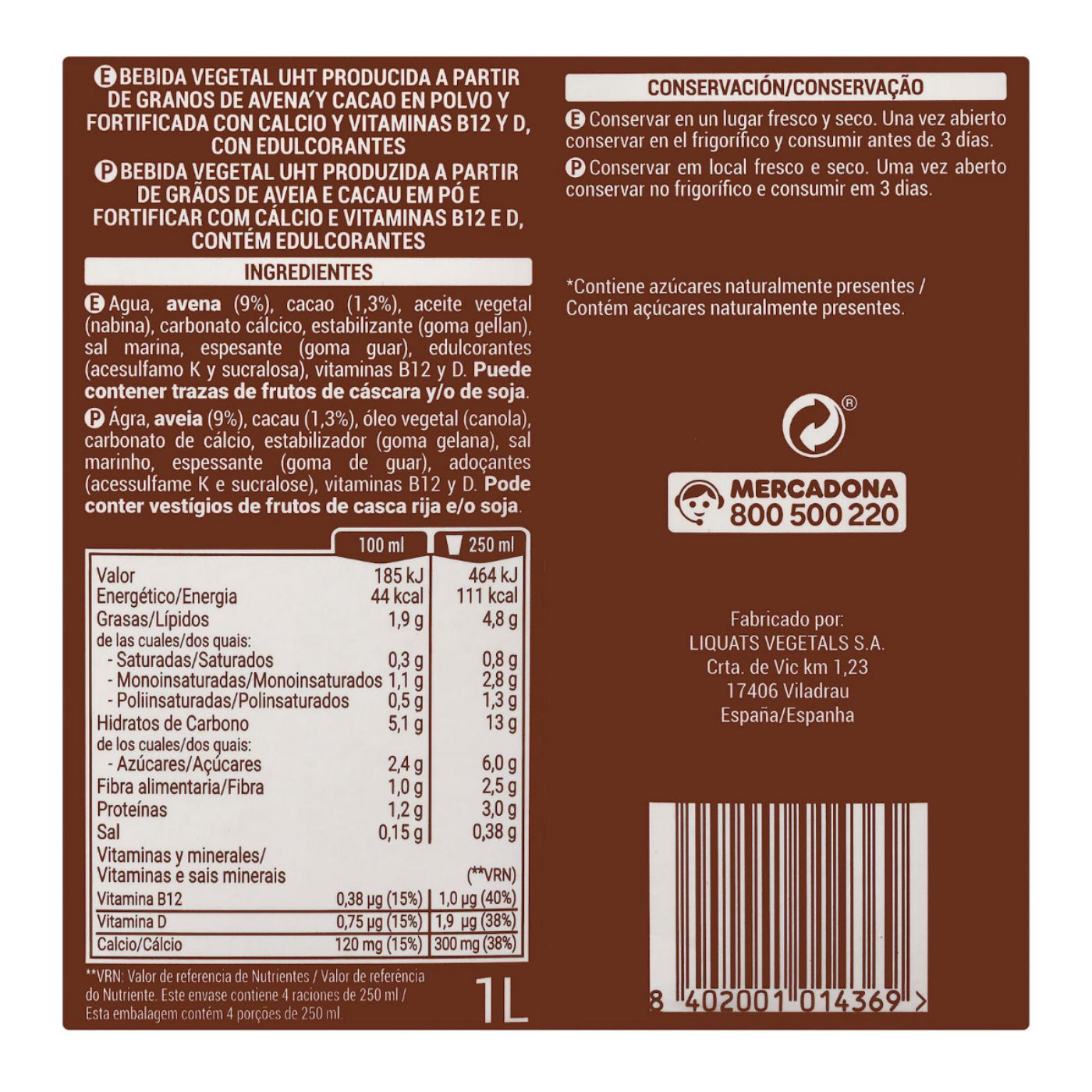 Csokoládé ízű zabital 1L – hozzáadott cukor nélkül Hacendado