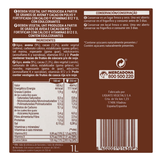 Csokoládé ízű zabital 1L – hozzáadott cukor nélkül Hacendado