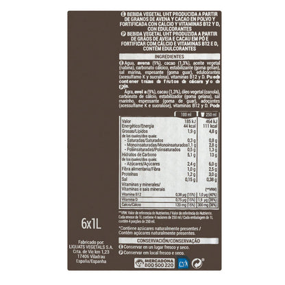 Csokoládé ízű zabital 6x1L – hozzáadott cukor nélkül Hacendado