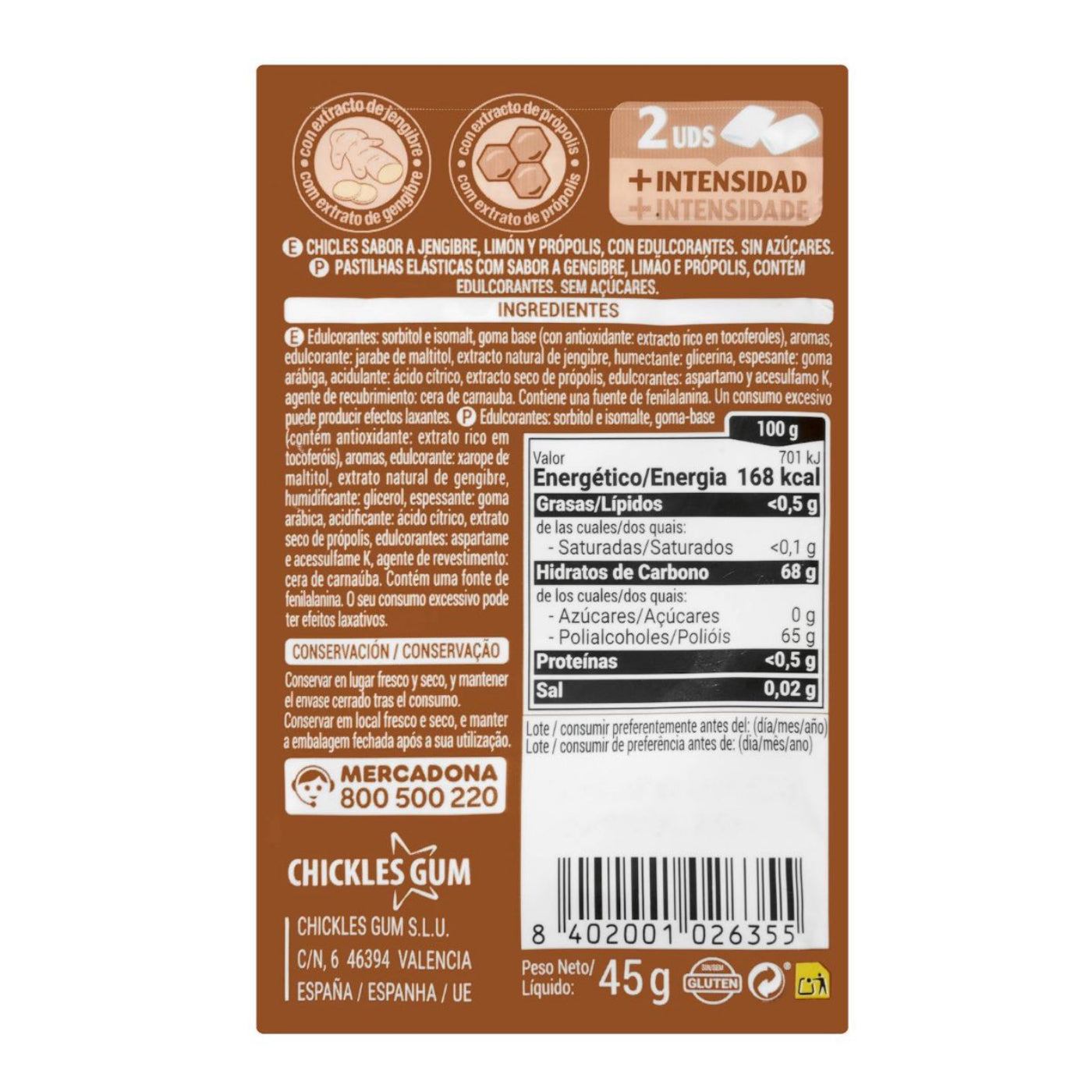 Glutén - és cukormentes gyömbér ízű rágógumi citrommal és propolisszal