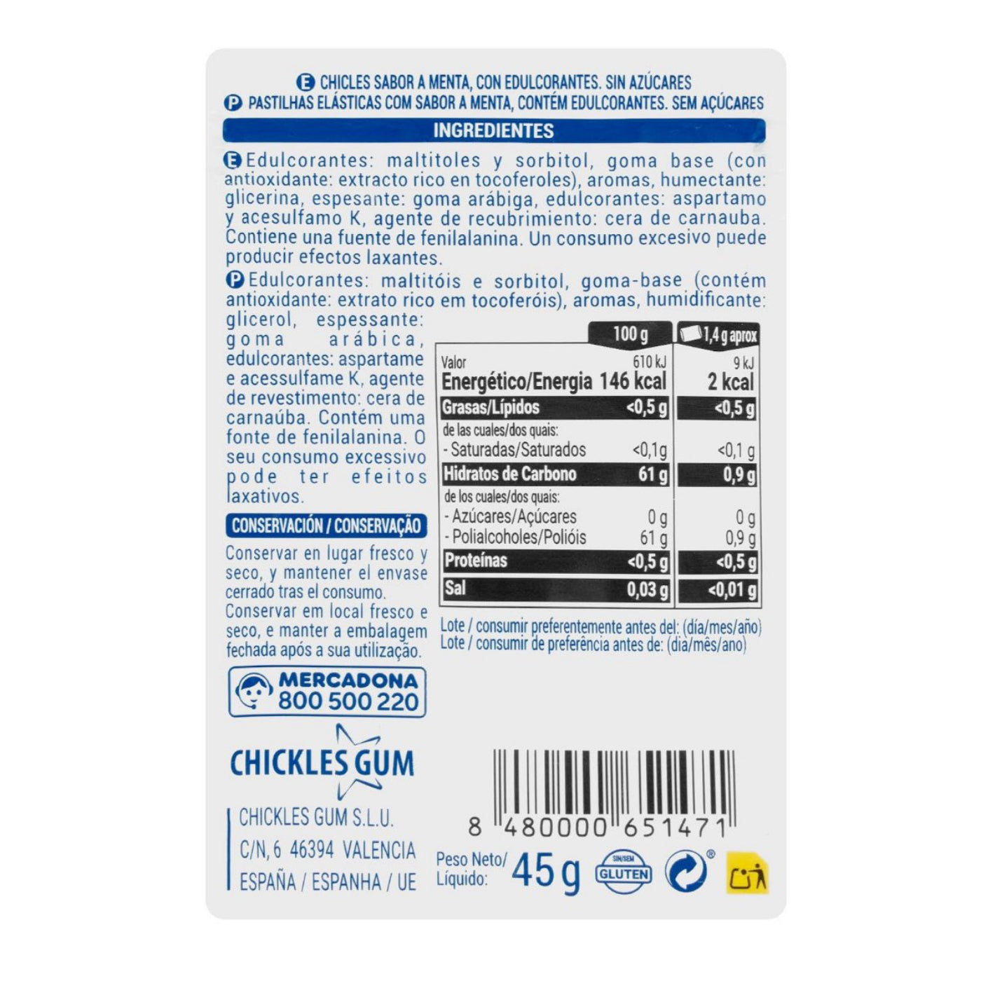 Glutén- és cukormentes mentolos rágógumi