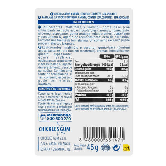 Glutén- és cukormentes mentolos rágógumi