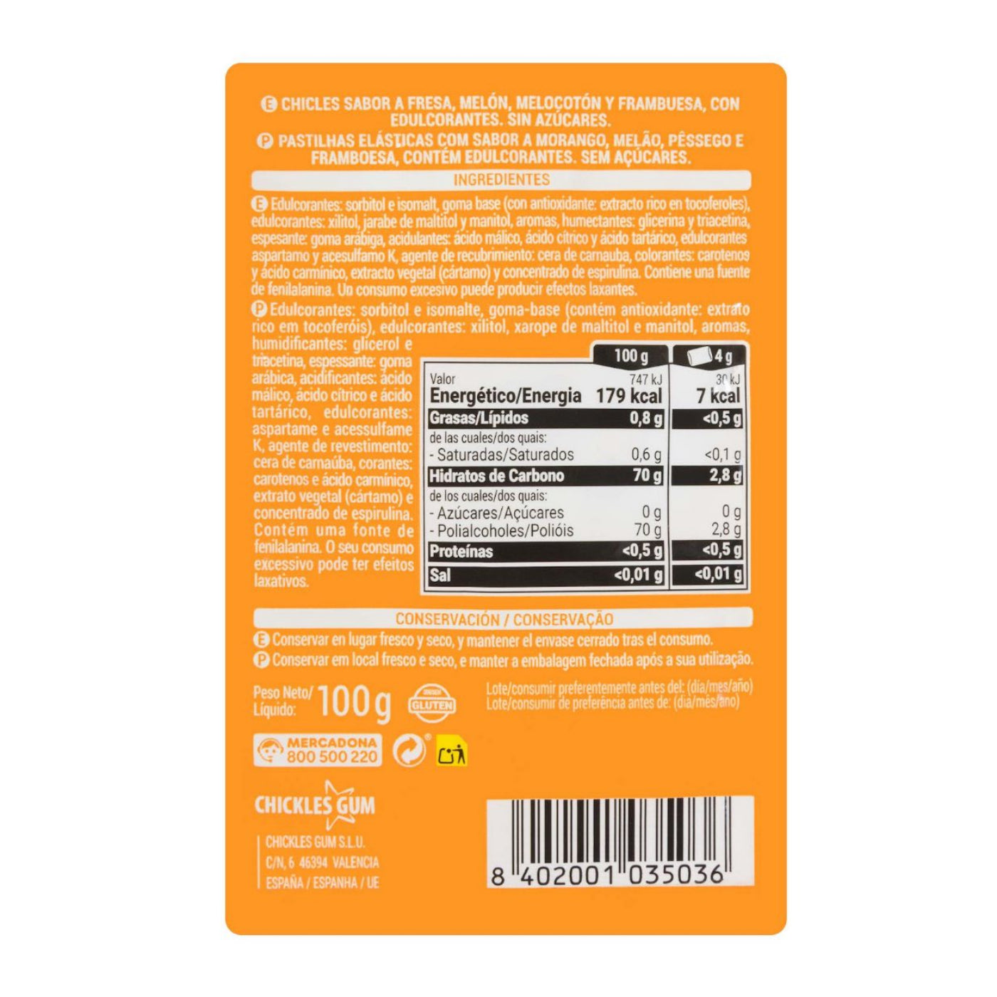 Glutén- és cukormentes vegyes gyümölcsös rágógumi (dinnye, eper, barack, málna) XXL