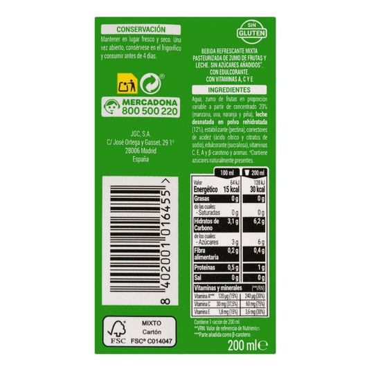 Karibi gyümölcsös tejital 6x200ml – hozzáadott cukor nélkül Hacendado