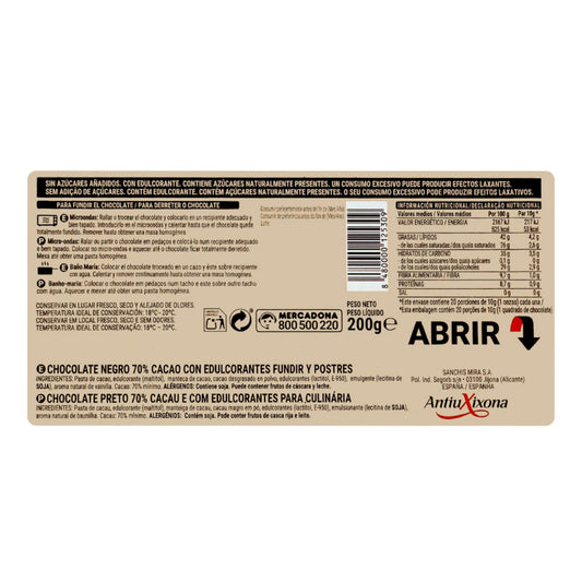 Sütéshez és olvasztáshoz étcsokoládé 0% hozzáadott cukor