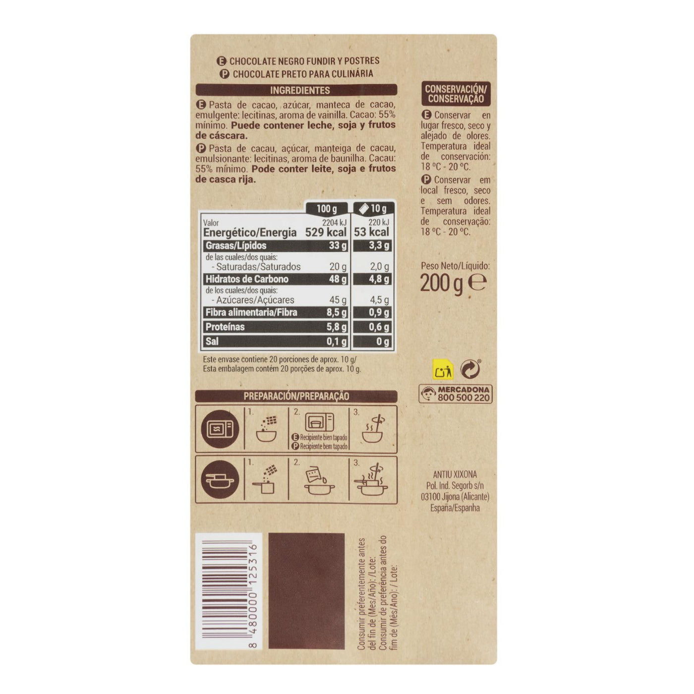 Sütéshez és olvasztáshoz étcsokoládé 200g Hacendado