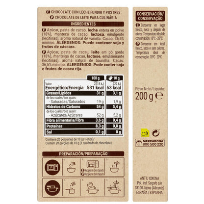 Sütéshez és olvasztáshoz tejcsokoládé 200g Hacendado