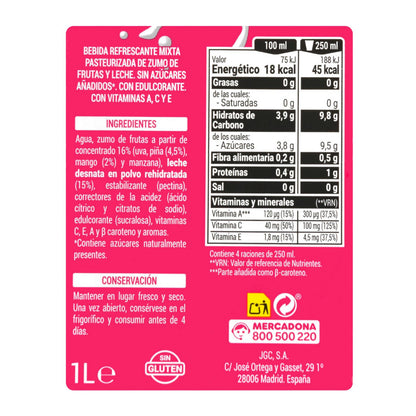 Trópusi gyümölcsös tejital 1L – hozzáadott cukor nélkül Hacendado